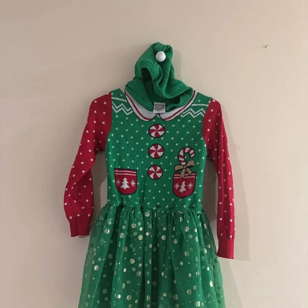 Girls' Holiday Elf Hoodie Dress with Tulle Skirt, Size M Christmas Green & Red